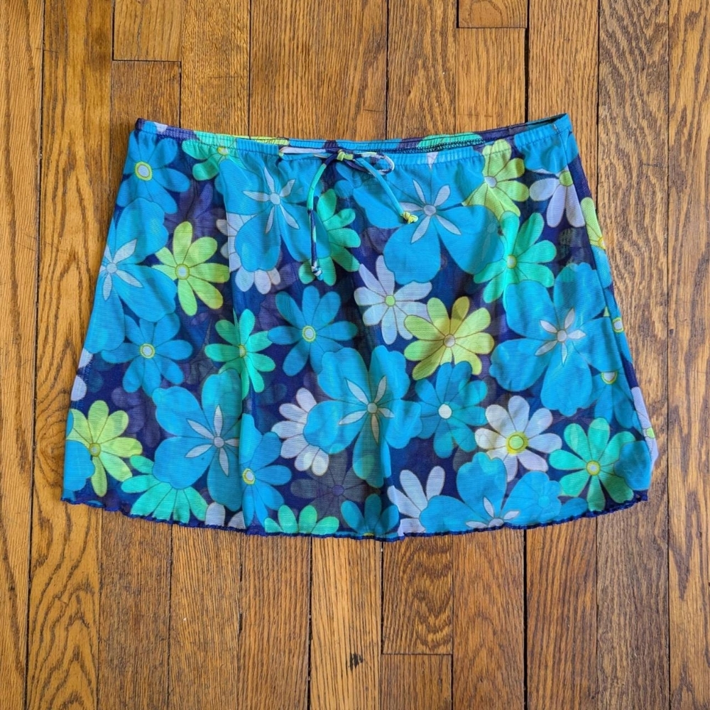 Vintage 90's Y2k Floral Mesh Sheer Swimsuit Beach Coverup Skirt